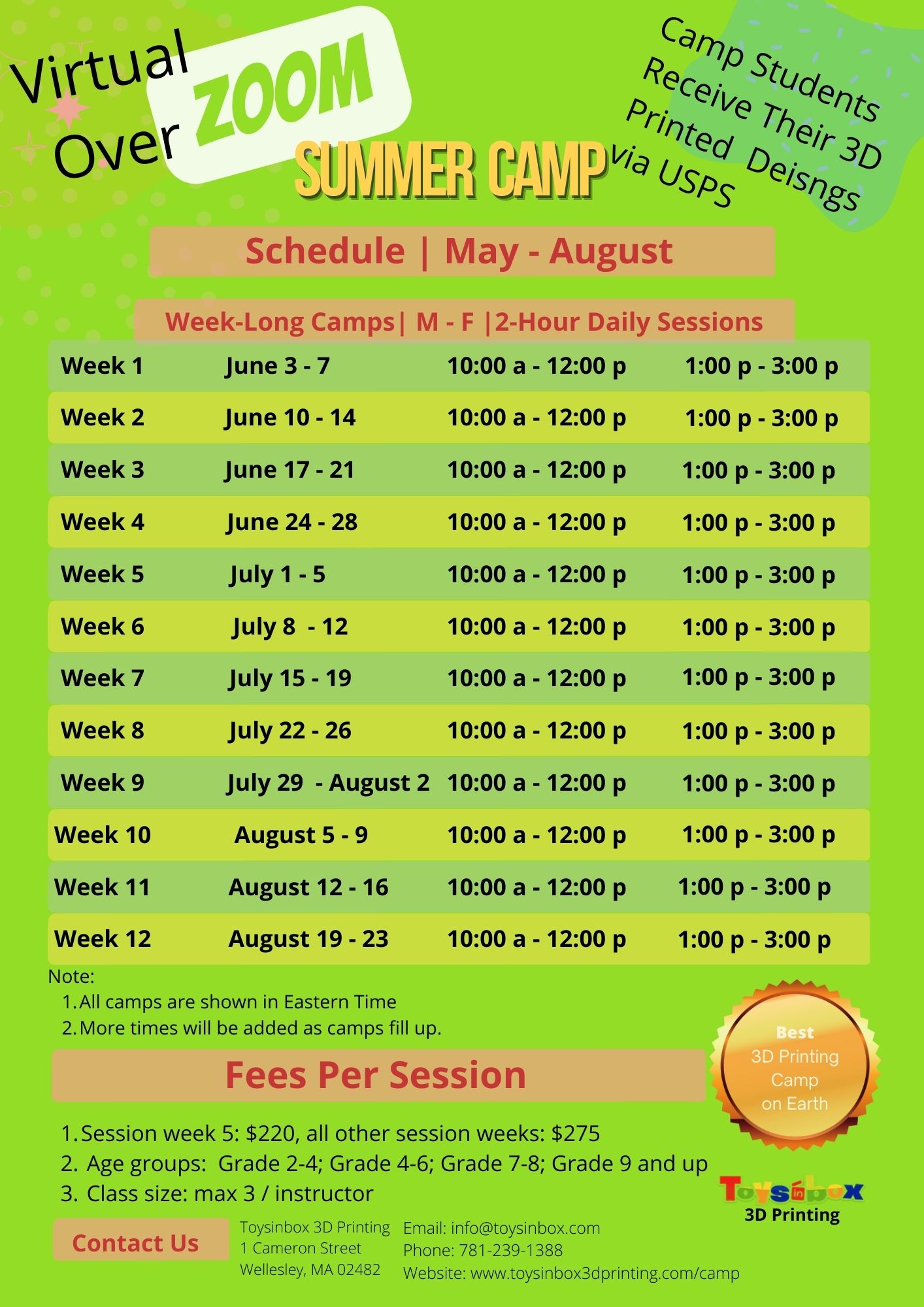 Toysinbox 3D Printing Summer Programs 2024: Summer Camps, Summer Classes, Summer Tour, Summer Professional Training